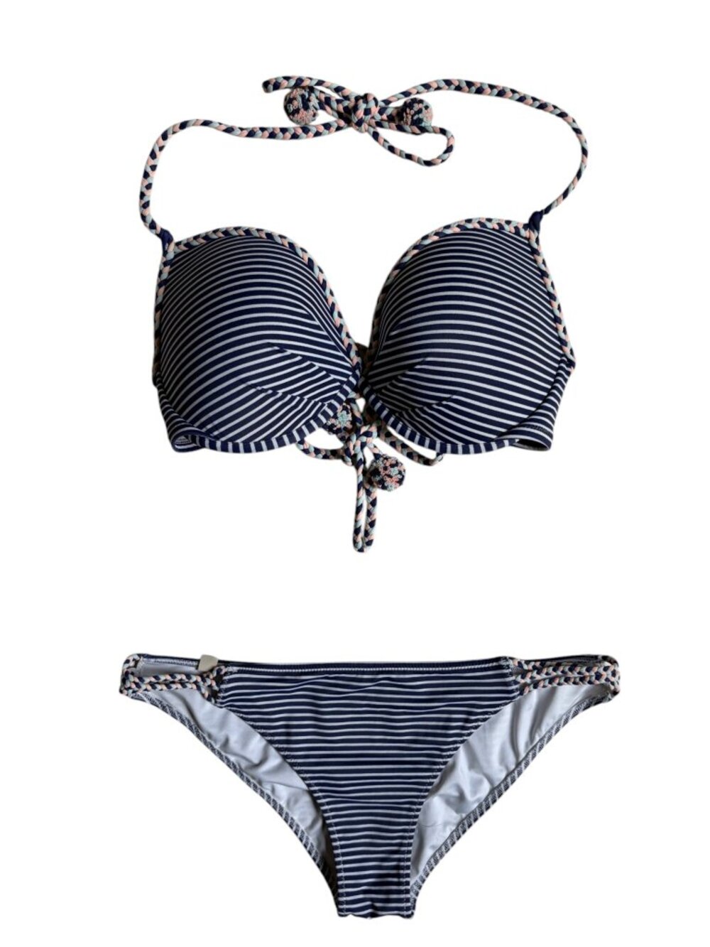 Victoria’s Secret Striped Bikini with Braided Trim (Navy & White) - 34DD / M